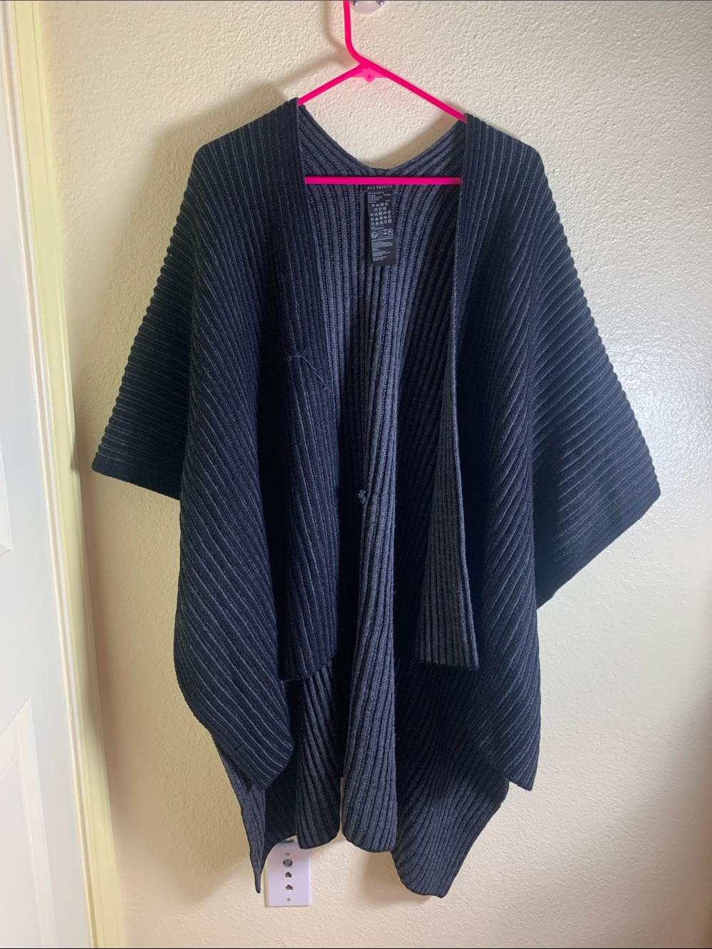 NWOT All Saints Dark Gray Ribbed Open-Front Cardigan Poncho, Size OS